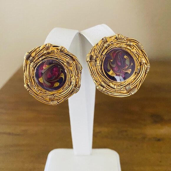 Vintage Gold Tone Woven Swirl Enamel Statement Clip-On Earrings - Picture 2 of 6